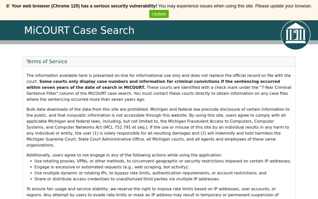 MiCOURT case search for Huron County release records