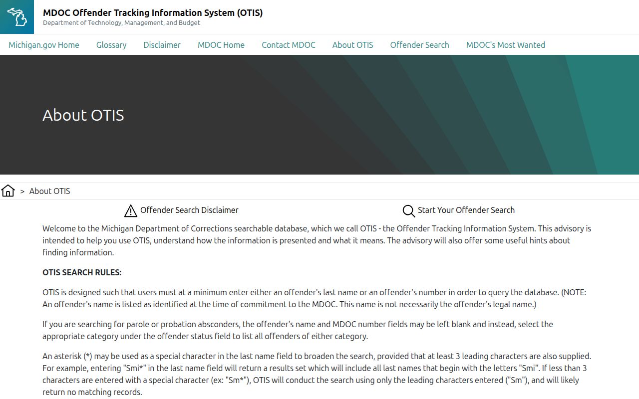 Huron County parole and probation status definitions in the MDOC OTIS guide