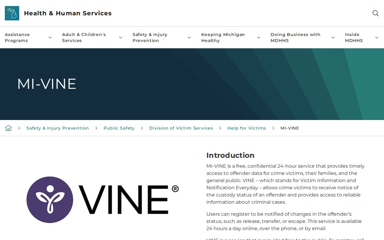 Michigan MI-VINE coverage for Huron County custody and release alerts